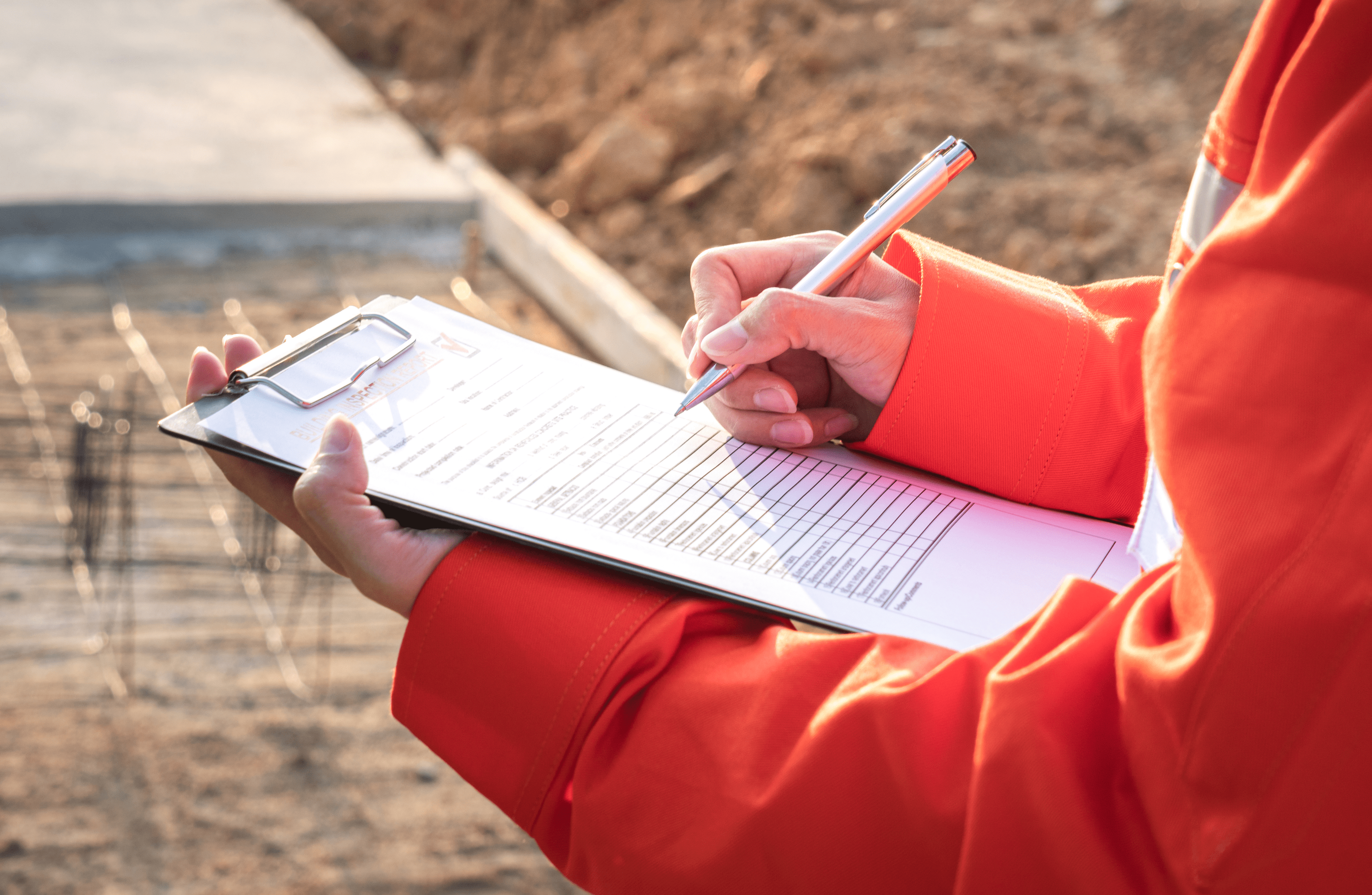 Stone Haven Developments A person in an orange jacket holds a clipboard and fills out a form at an outdoor Stone Haven Developments construction site. Ontario