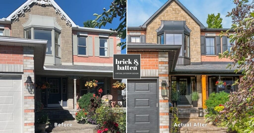 Stone Haven Developments Split image showing a house before and after exterior renovation; left side is the original look, right side features updated siding, windows, and wooden columns. Ontario