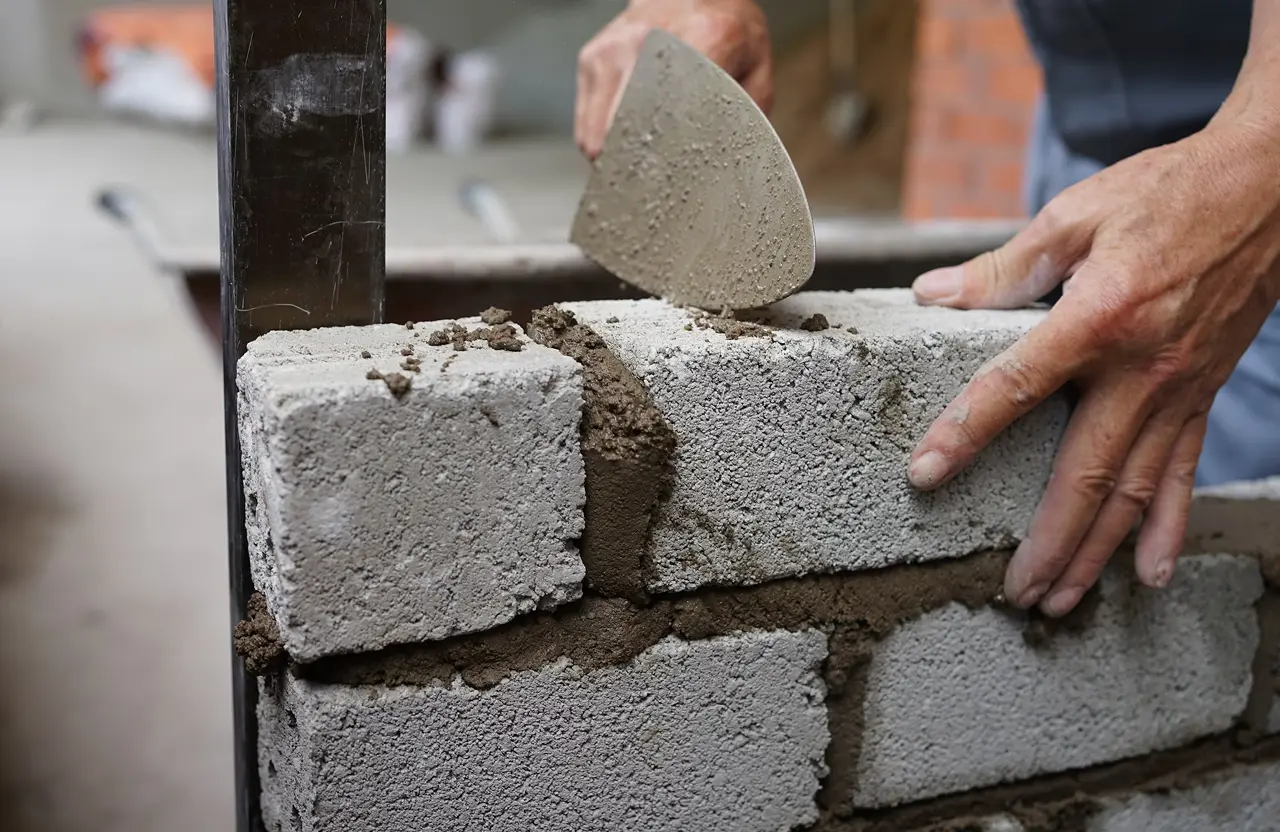 Stone Haven Developments A person is laying concrete blocks and spreading mortar on a brick wall using a trowel. Ontario