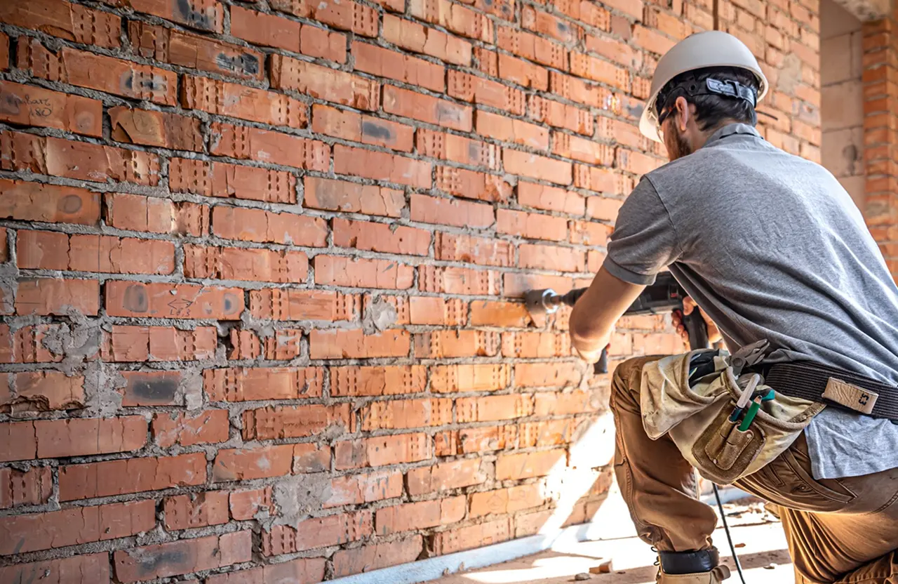 Stone Haven Developments A construction worker in a hard hat and tool belt uses a power tool on a brick wall. Ontario