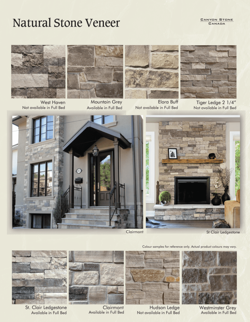 Stone Haven Developments A selection of natural stone veneer options in various colors and textures, with photos showing their use on building exteriors and a fireplace. Product names and availability are listed. Ontario