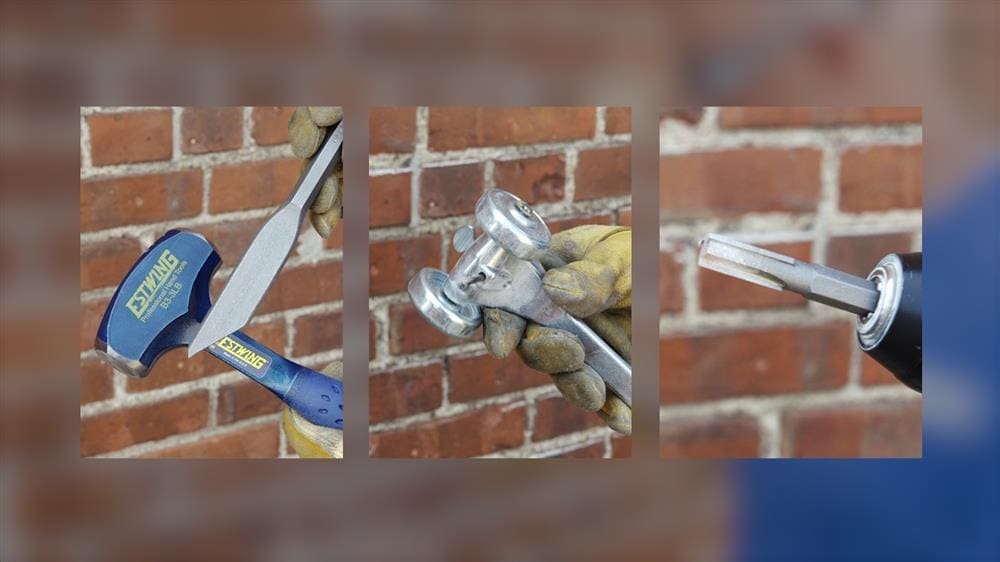 Stone Haven Developments A hammer striking a chisel, gloved hands holding bolts with pliers, and a close-up of a screwdriver against a brick wall background. Ontario