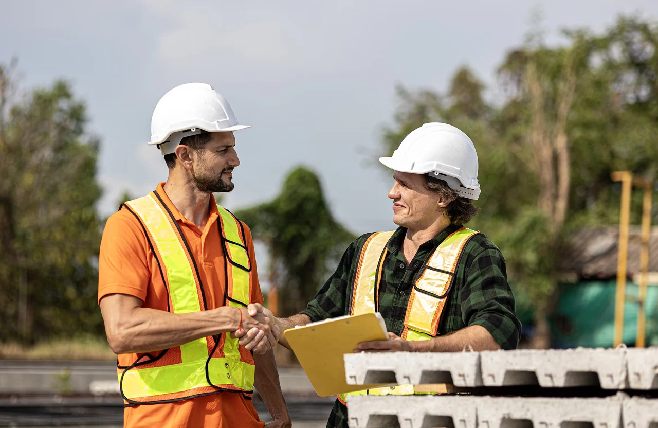 Stone Haven Developments Two construction workers wearing safety vests and helmets shake hands outdoors, with one holding a clipboard beside stacked concrete blocks. Ontario